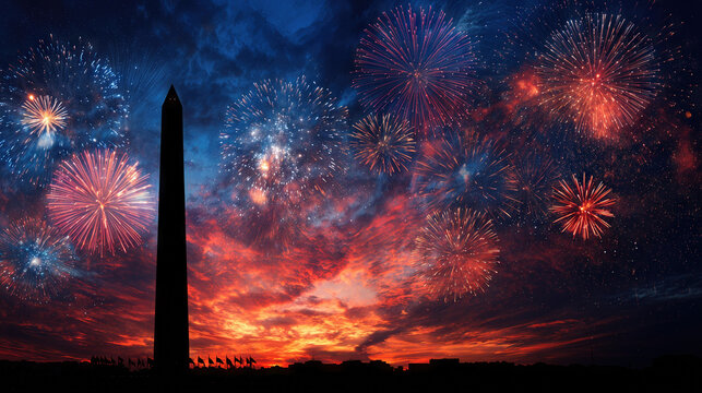 Fireworks celebration at washington monument night sky colorful display urban landscape festive atmosphere