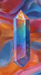 Vibrant Iridescent Crystal Prism on Abstract Wavy Gradient Background, Gemstone Reflecting Light with Colorful Hues