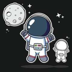 Cute astronaut vector illustration with two thumbs up and the moon on top, perfect for stickers
