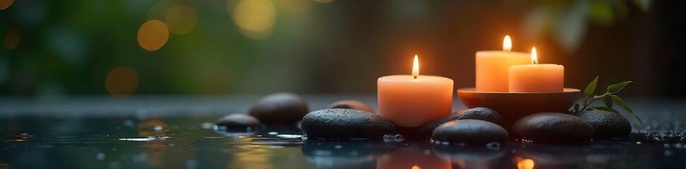 Serene Spa Ambiance Candlelight, Smooth Stones, and Essential Oils Create a Tranquil Atmosphere for Wellness and Self-Care
