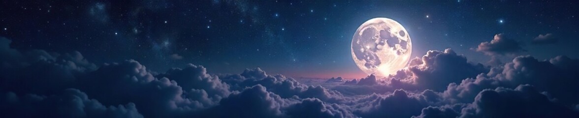 Majestic Full Moon and Swirling Nebula in a Starry Night Sky Ethereal Glow, Cosmic Wonder, Fantasy and Sci-Fi Theme