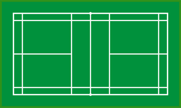 A detailed vector illustration of a badminton court layout with white lines on a green background, showing boundaries for singles and doubles play, service areas, and the net line.