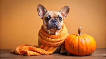 Adorable french bulldog wearing a scarf sitting next to a pumpkin on table