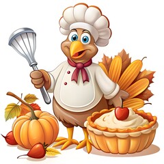 Cartoon turkey chef with pie and pumpkin isolated on white background