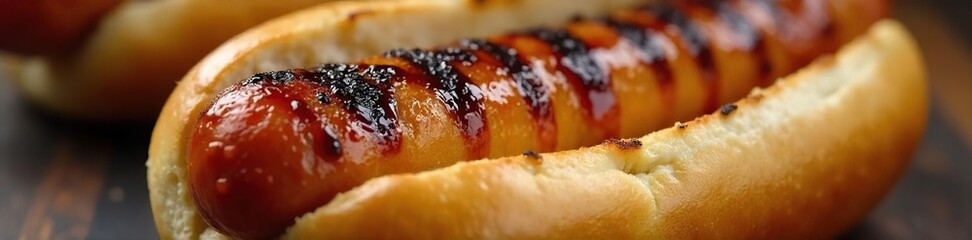 Juicy Grilled Pork Hot Dog on a Bun ? Close-up Shot of a Classic American Barbecue Food, Ready to Eat