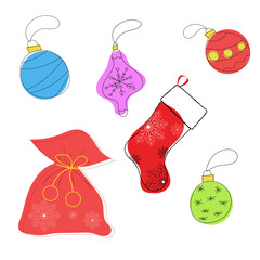 A collection of festive Christmas decorations including colorful ornaments, a red stocking, and a gift sack.