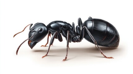 Detailed illustration of a glossy black ant with long antennae, on a white background