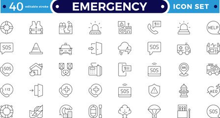 Emergency Outline icon set featuring police, fire, medical, and security alerts. Includes alarm, bell, flasher, and warning signs for safety, protection, and traffic. Editable stroke outline icon. 