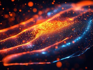 Futuristic glowing hand with vibrant orange and blue dots and a bright fingerprint pattern emitting a sense of advanced technology and digital identity