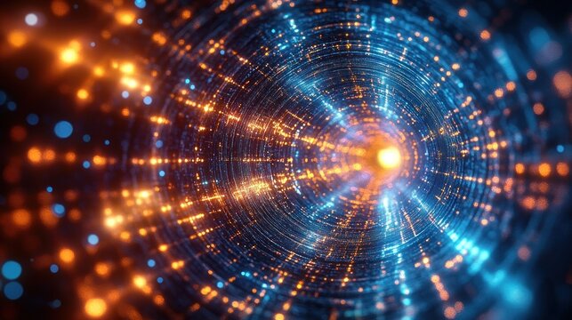 Abstract tunnel of glowing orange and blue lights creating a sense of depth and motion with bright sparkles and circular patterns