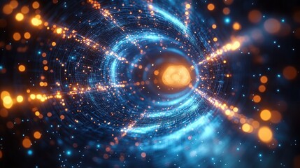 Vibrant futuristic tunnel with glowing blue and orange lights creating a sense of depth and motion