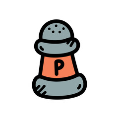 Hand Drawn Style Pepper Shaker With P Lettering On Coral Band Against White Background Flat Design