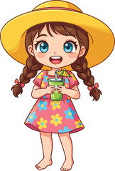 Cute little girl in summer hat holding drink, smiling cartoon character, child in floral dress, happy kid illustration, vector art
