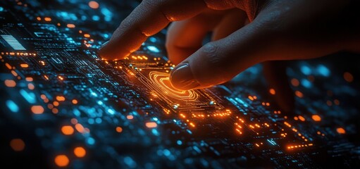 Close-up of a hand interacting with a glowing digital circuit board, emphasizing technology and futuristic data flow, with bright orange and blue lights