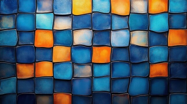 Colorful mosaic wall composed of irregular square tiles in varying shades of blue and orange creating an artistic and textured pattern - Powered by Adobe