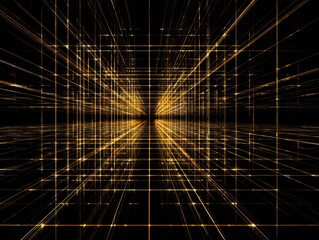 Abstract Technology Background with Golden Glowing Grid Lines, Digital Network, and Futuristic Perspective