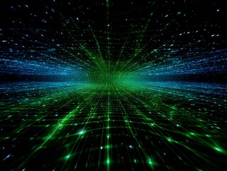 Futuristic digital network tunnel with glowing blue and green lines, abstract background representing data flow and technology connection.