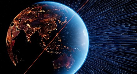 A digital illustration of Earth, showcasing illuminated landmasses and a network of data streams.