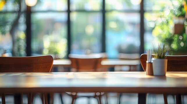 Empty wooden table with chairs near large windows in softly lit cafe interior with potted plant and natural daylight creating calm cozy atmosphere