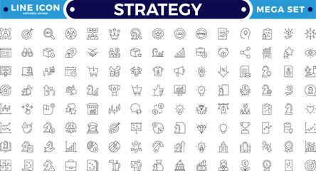 Strategy Outline icon set with planning, teamwork, deadline, and budget symbols. Includes strategy, workflow, and collaboration elements for business development. Editable stroke outline icon. 
