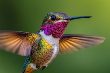 Fototapeta premium Close-up of a vibrant hummingbird with iridescent green and purple feathers hovering mid-air against a soft green blurred background, showcasing delicate wing motion