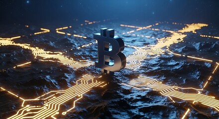 A Bitcoin symbol stands prominently on a textured surface with glowing circuit-like patterns emanating outwards.