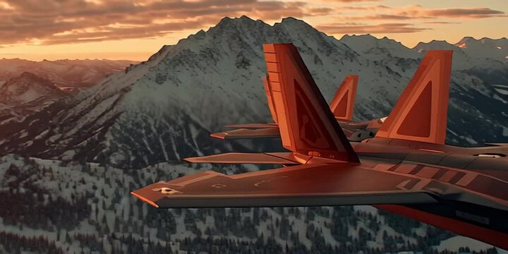 Modern fighter jets soaring through the sky over a snow-capped mountain range at sunset, showcasing aerial combat readiness