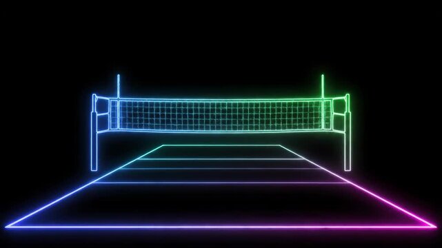 Neon Volleyball Court - An illuminated volleyball court and net are displayed with neon lighting against a black backdrop. The video has a retro, futuristic aesthetic.