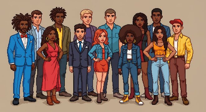 Diverse pixel art team ready for modern business
