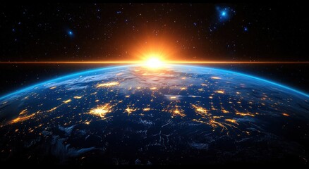 Sunrise over Earth from space showing illuminated city lights with stars and galaxies in the background