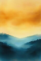 Obraz premium Mist-covered evergreen mountains under a glowing orange sky capturing a serene and mystical atmosphere at dawn or dusk