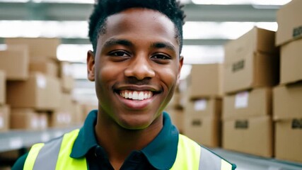 Young smiling African American man working in a postal service warehouse. A positive and focused postal worker sorts packages quickly in a lively warehouse setting.