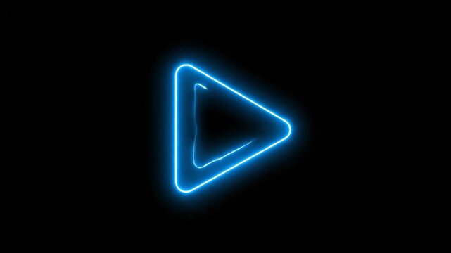 Neon Blue Play Button on Black Background - A vibrant, glowing neon blue play button icon is centered on a solid black background.