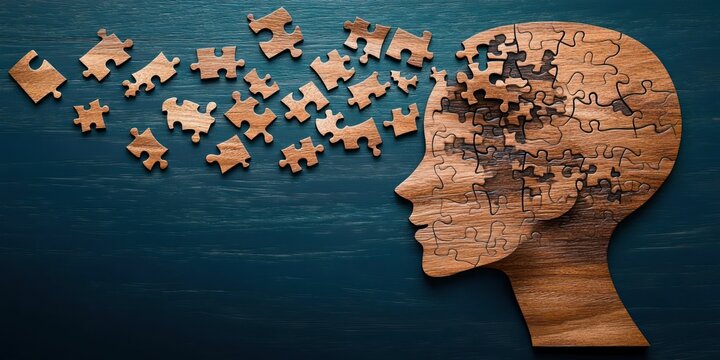 Wooden puzzle in the shape of a human head with pieces missing and floating away, symbolizing memory loss or fragmentation of thoughts over a dark blue wooden background