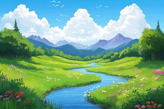Serene landscape of a winding river flowing through vibrant green meadows filled with colorful wildflowers, surrounded by lush trees and distant mountains under a bright blue sky with fluffy clouds