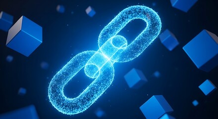 A glowing chain link illustration with floating blue cubes against a dark background.