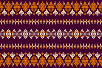 Seamless traditional floral damask pattern in orange, cream, and gold on a dark purple background, elegant ornamental vector design perfect for textile, wallpaper, or digital art decoration.