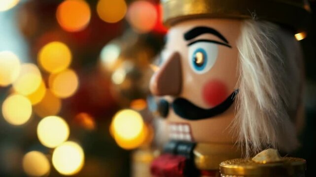 Festive Holiday Season Close-up of a Traditional Nutcracker Figurine with Glowing Christmas Lights in the Background