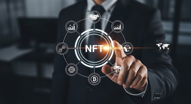 Businessman interacting with a digital NFT interface, showcasing interconnected icons and a modern, technological concept.