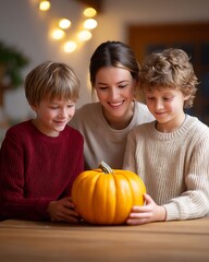 Fototapeta premium Multigenerational Family Setting Up Halloween Home Decor