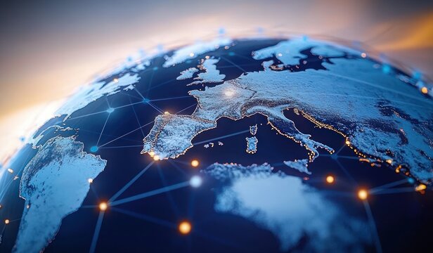 Digital globe showing a detailed network connection map focused on Europe, parts of Africa, and the Atlantic Ocean with illuminated nodes and lines representing connectivity under a soft light