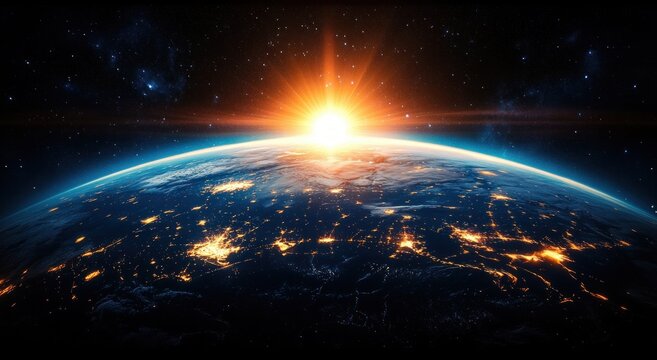 Bright sunrise illuminating the Earth's horizon in space with glowing city lights visible on the dark surface below - Powered by Adobe