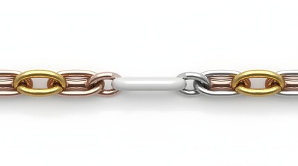 Obraz premium Close up of metallic chain link with gold, silver, and white connection symbolizing unity, teamwork, and strength in design, concept of connection, partnership, and collaboration in modern minimal sty