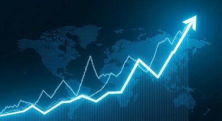 A glowing arrow pointing upwards, representing growth and financial success over a world map.