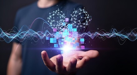 A person's open hand supporting digital data visualization with glowing effects.