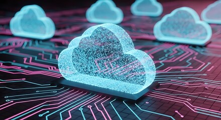 Digital rendering of glowing cloud shapes overlaid on a circuit board, symbolizing data storage.