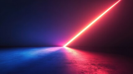 Bright glowing diagonal neon light beam dividing dark space with blue and pink illuminated surfaces creating futuristic atmosphere