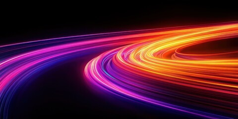 Curved streaks of vibrant neon light trails in purple, pink, and orange glowing against a dark background, creating a dynamic and energetic flow