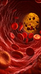 Blood Cells Flowing in Artery Blocked with Plaque, Illustrating Atherosclerosis or Cardiovascular Disease