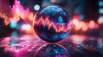 Transparent glass sphere displaying dynamic colorful financial graph data with vibrant digital lights and blurred background